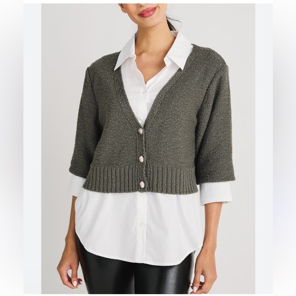 Elan Women's Heidi Sweater button down combo Medium Olive Green Cardigan